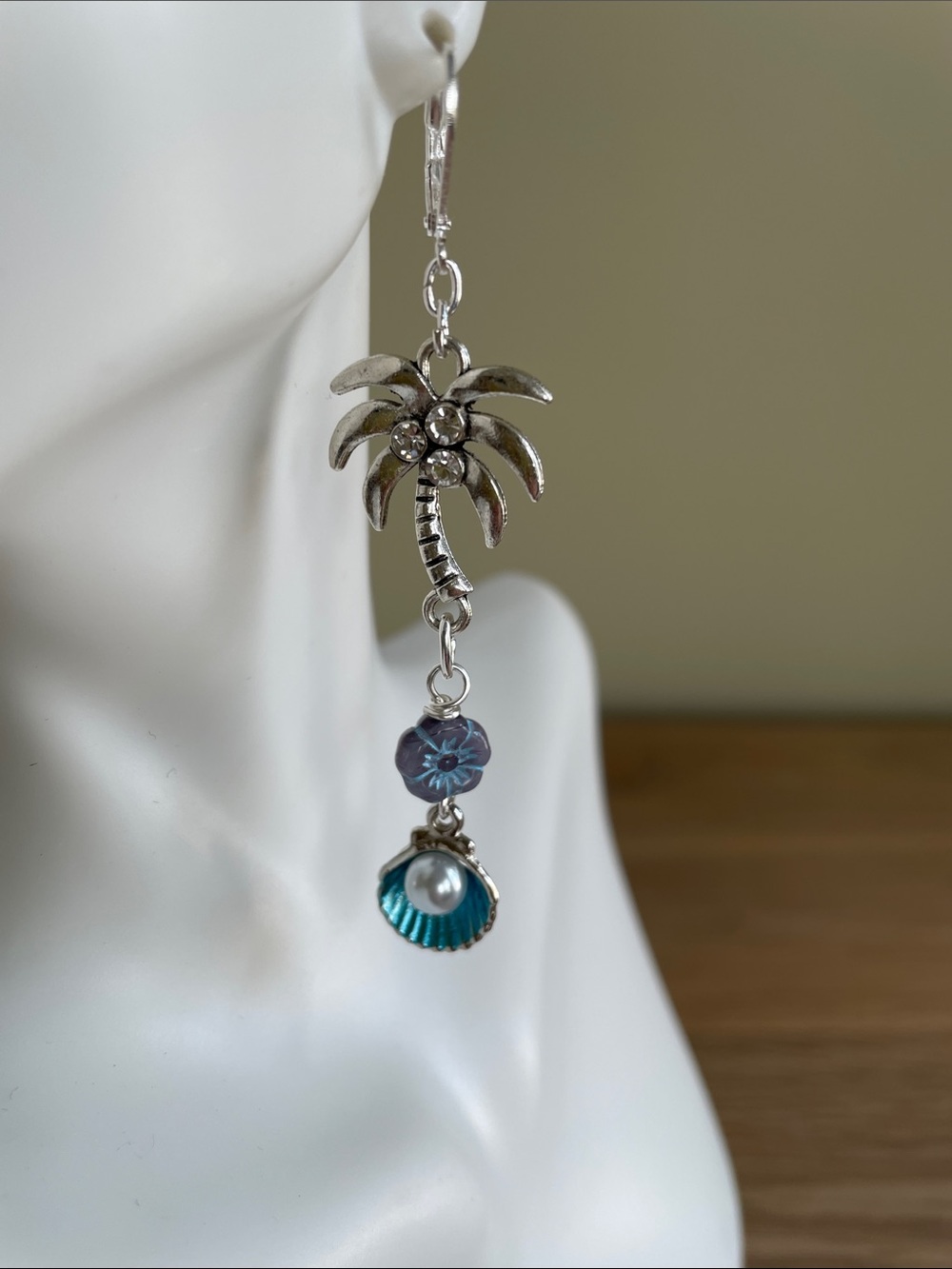 HAND CRAFTED EARRINGS, TROPICAL PALM TREE & CZECH GLASS FLOWER PEARL SHELL